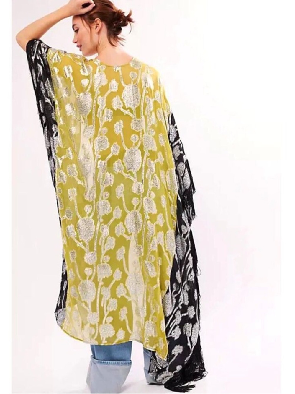 Free People Florence Fringe Metallic Floral Kimono